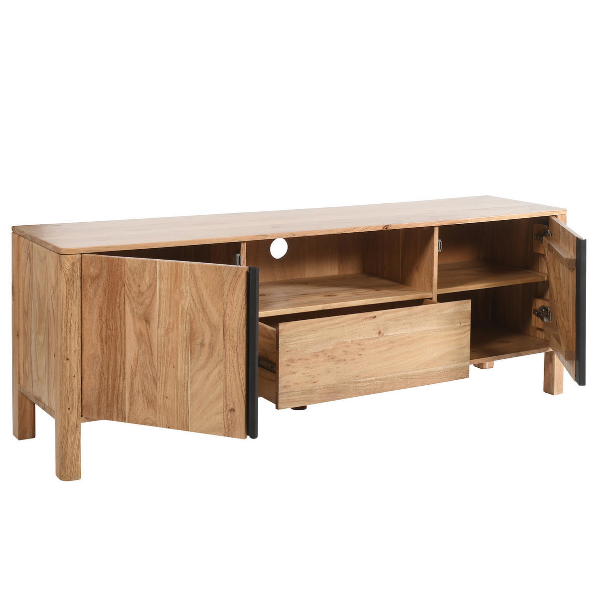 MASSIVES TV-LOWBOARD - Akazie - Schwarz/Akaziefarben, Holz/Metall (165/60/40cm) - home24