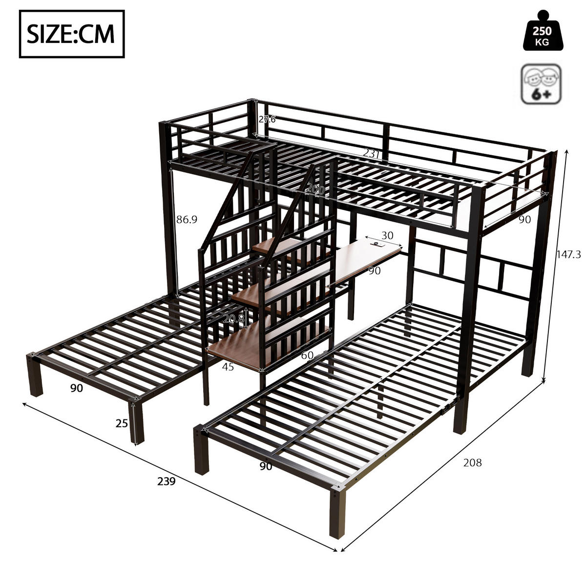 ETAGENBETT 90/200 cm in Schwarz mit LED-Beleuchtung, Schreibtisch und Stauraum - Schwarz, Metall (90/200cm) - OKMYHOME