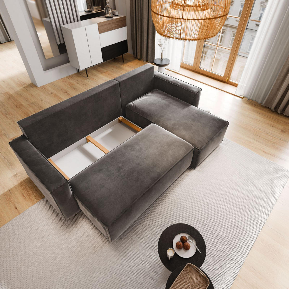 ECKSOFA SILES Beige Velours-Stoff mit Schlaffunktion - Beige, Holz (230/140cm) - MASSENO