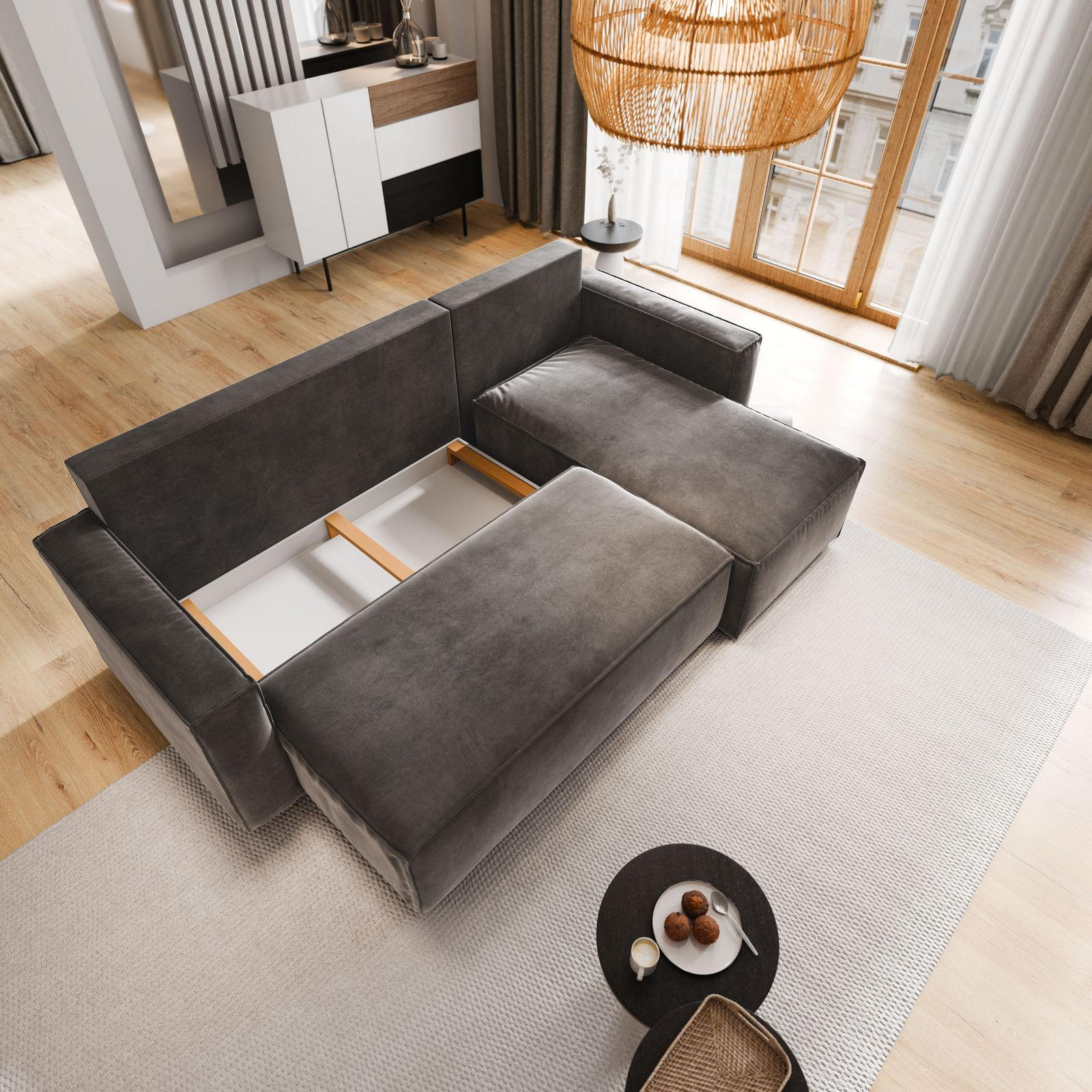 Thumbnail - Masseno Ecksofa, Schwarz, Holz, 3-Sitzer, L-Form,L-Form, 230x140 cm, Wohnzimmer, Sofas & Couches, Wohnlandschaften, Ecks...