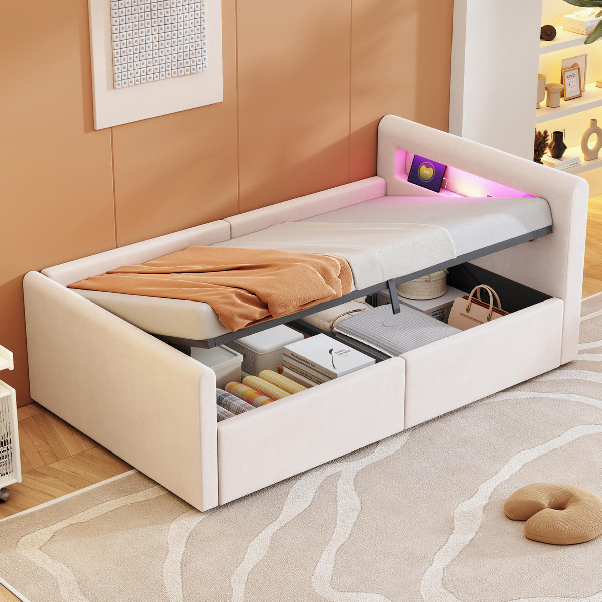 SAMT-POLSTERBETT 90/200 cm in Beige mit LED-Beleuchtung, USB und Bettkasten - Beige, Textil (90/200cm) - BEAOK