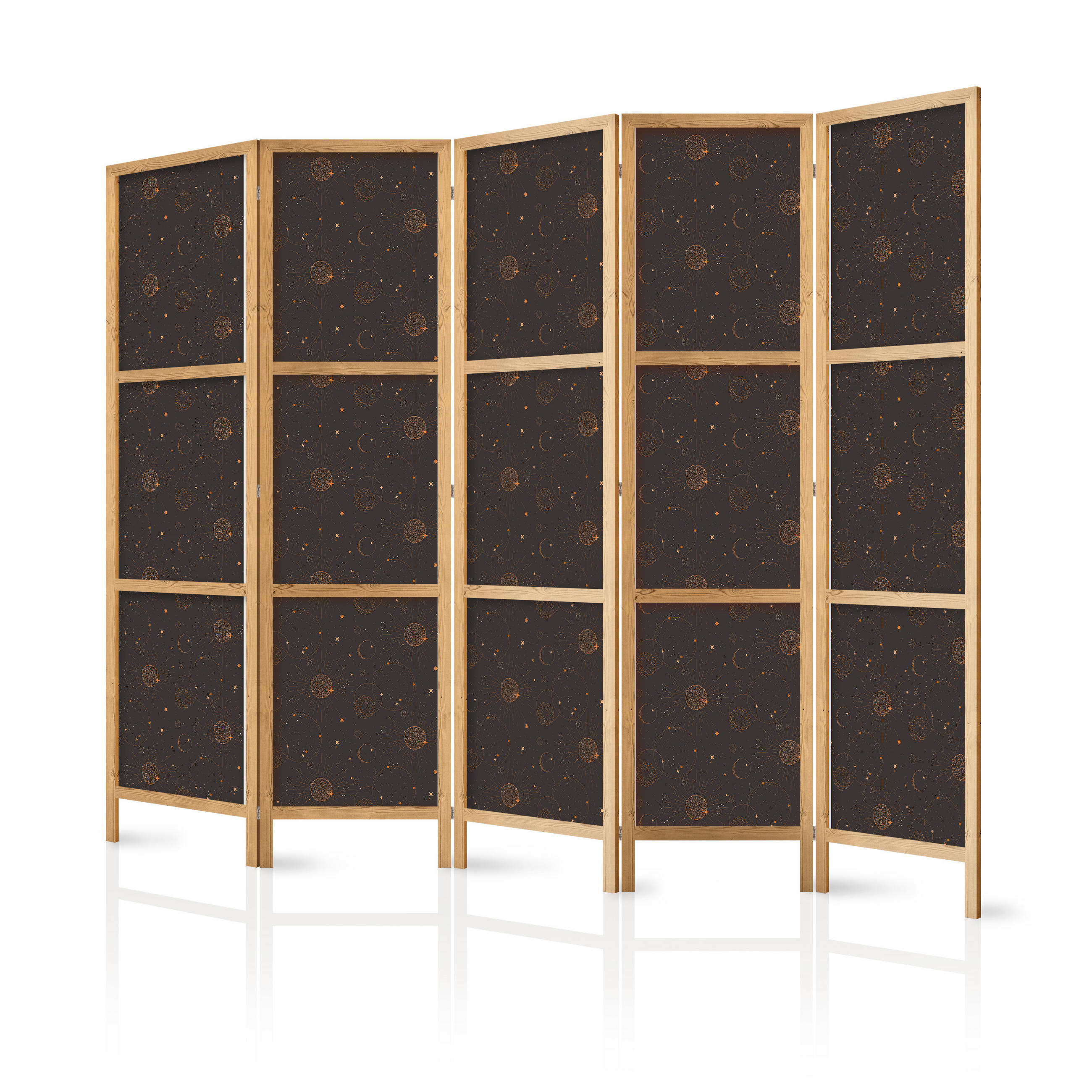 PARAVENT Japanischer 5-tlg 225x172 cm Sonnen Und Sterne - Braun, Holz/Textil (225/172/3cm) - Muralo