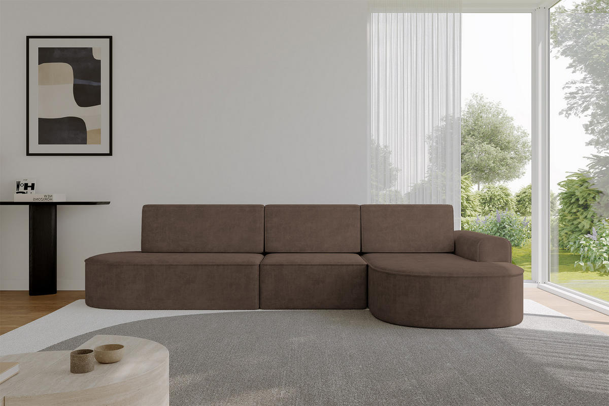 ECKSOFA mit Schlaffunktion Ottomane RECHTS MARI L2-S 368X167X85 Braun Velours - Alteiche/Schwarz, Holzwerkstoff/Kunststoff (167/368cm) - ALTDECOR