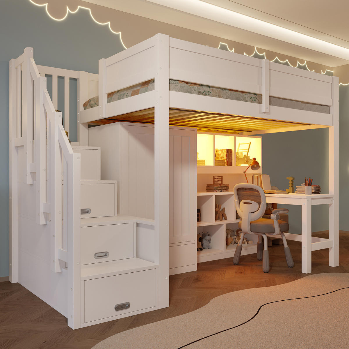 HOCHBETT 90/200 cm, weiß mit Schreibtisch, Regal, Kleiderschrank und LED - Weiß, Holz (90/200cm) - MIVRAY
