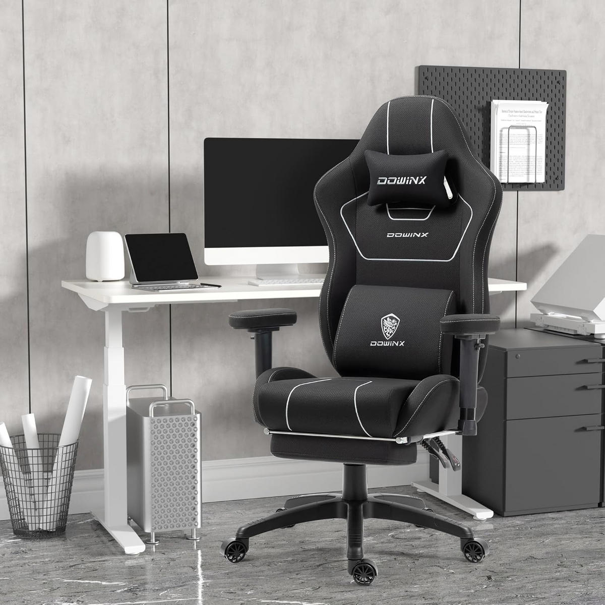 GAMING Stuhl Stoff & Taschenfederkissen PC Bürostuhl & Fußstützen - Schwarz, Textil (70/130/60cm)