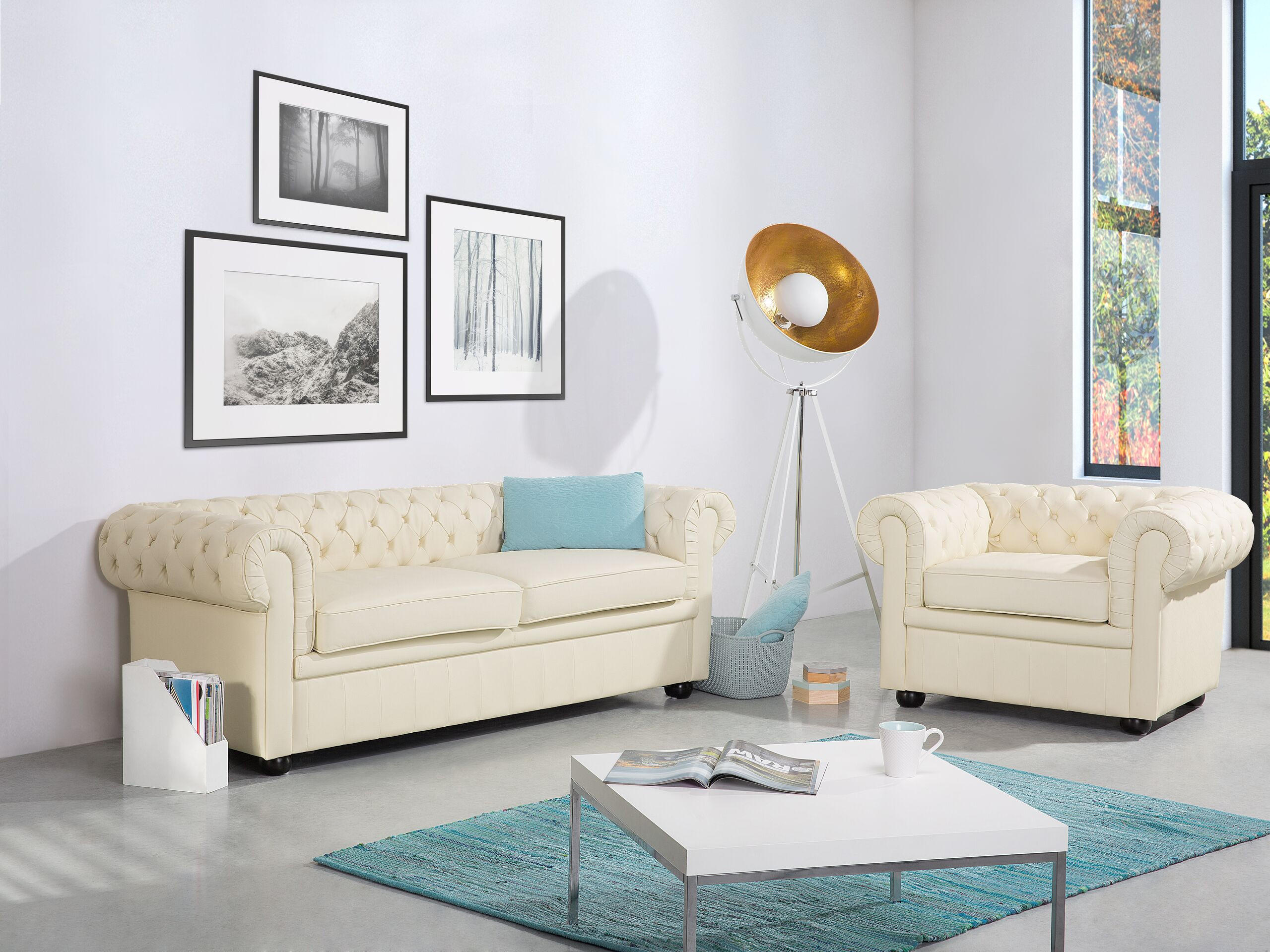 SOFA Leder Creme Chesterfield - Beige, Leder/Fell (195/70/75cm) - Beliani