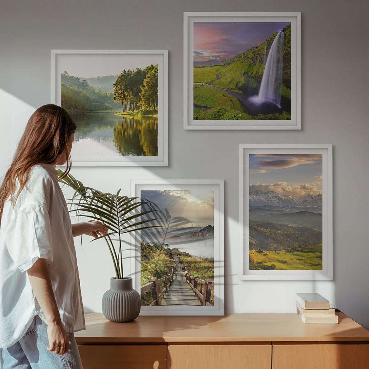 BILDER SET 4er Set - 50x50 cm & 40x60 cm Weißer Rahmen - Berglandschaften Wasserfall - Weiß, Kunststoff (50/50cm) - TULUP