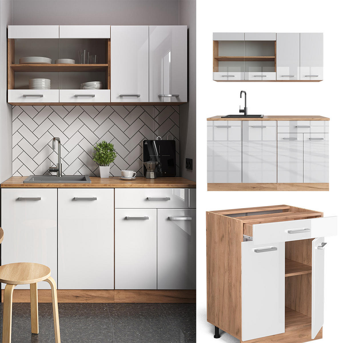 SINGLEKÜCHE R-Line Weiß Hochglanz/Goldkraft Eiche 140 cm, AP Marmor - Weiß Hochglanz/Eiche Wotan, Holzwerkstoff (140/81.6/60cm) - Vicco