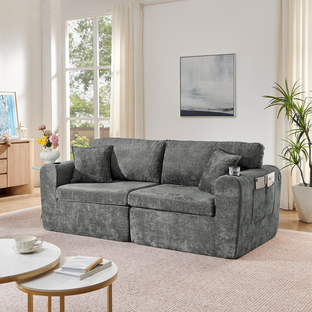 2-SITZER-RELAXSOFA mit USB und Getränkehalter Chenille Gray - Grau, Kunststoff (220/89/100cm) - Meubliv
