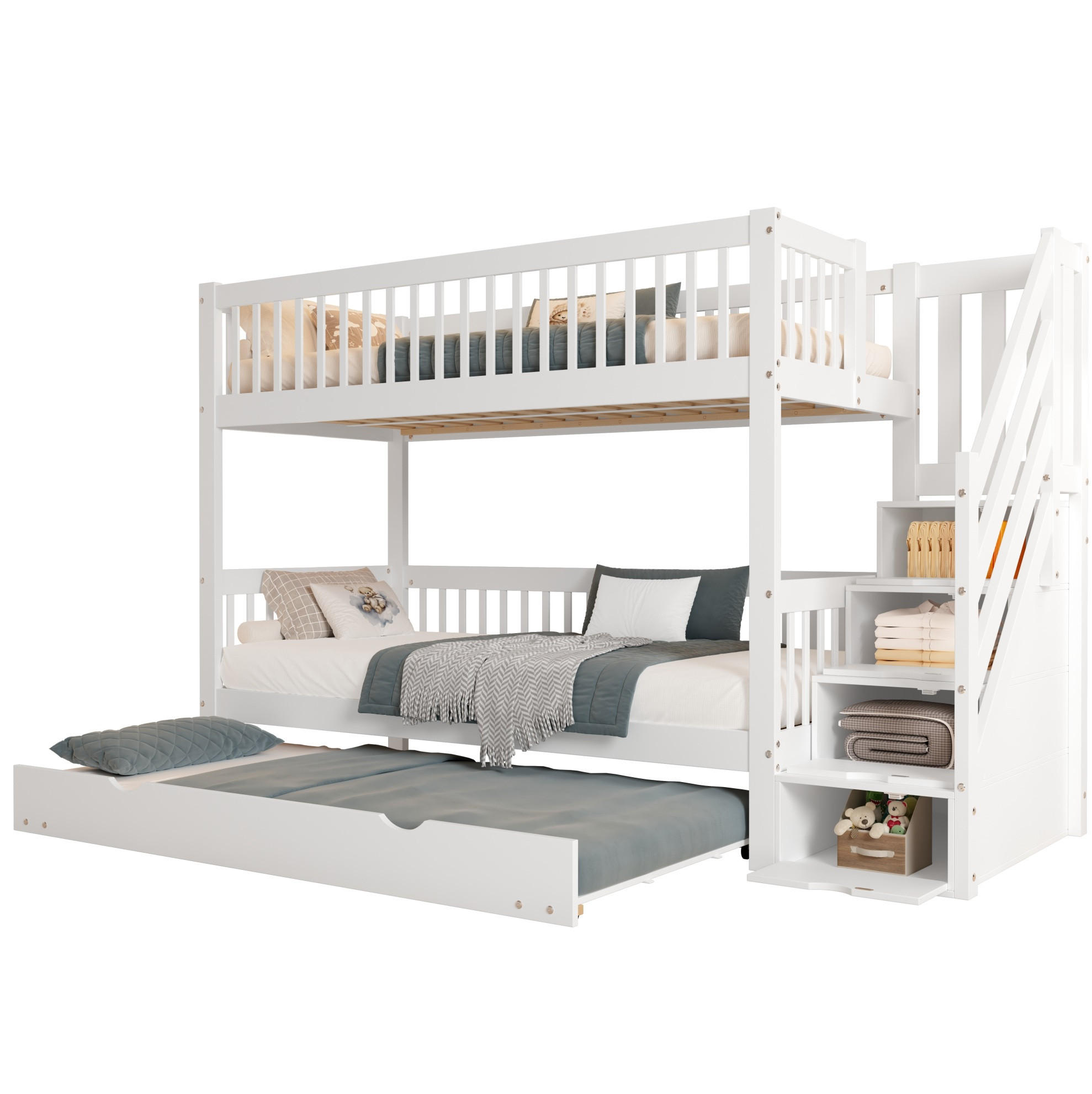 ETAGENBETT 90/200 cm mit Rollbett und Leiterschrank in Weiß - Weiß, Holz (90/200cm) - BEAOK