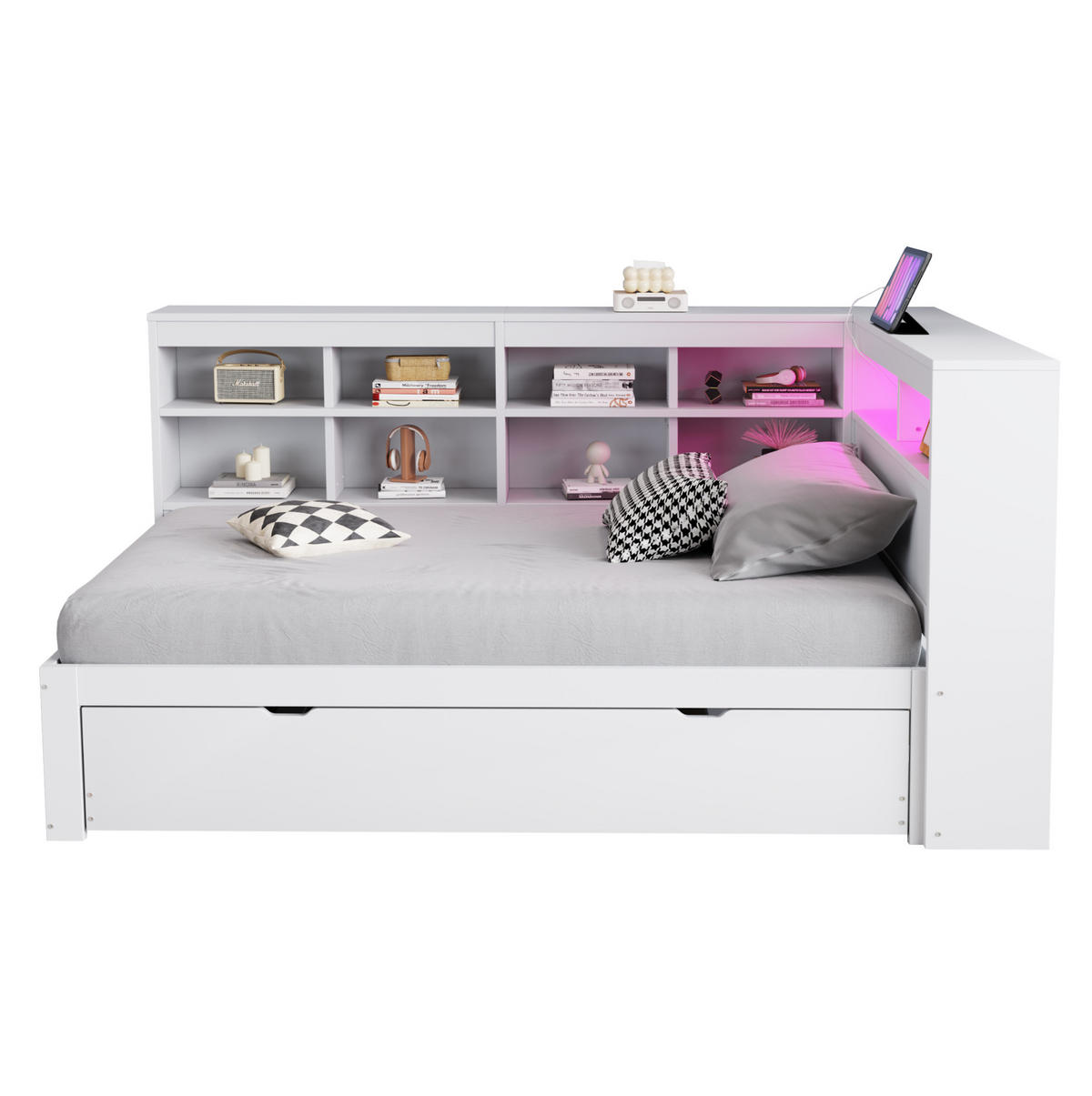 BETT 90x200 cm Weiß mit Ausziehbett, USB-Steckdose, LED-Beleuchtung und Stauraum - Weiß, Holzwerkstoff (90/200cm) - Modfu