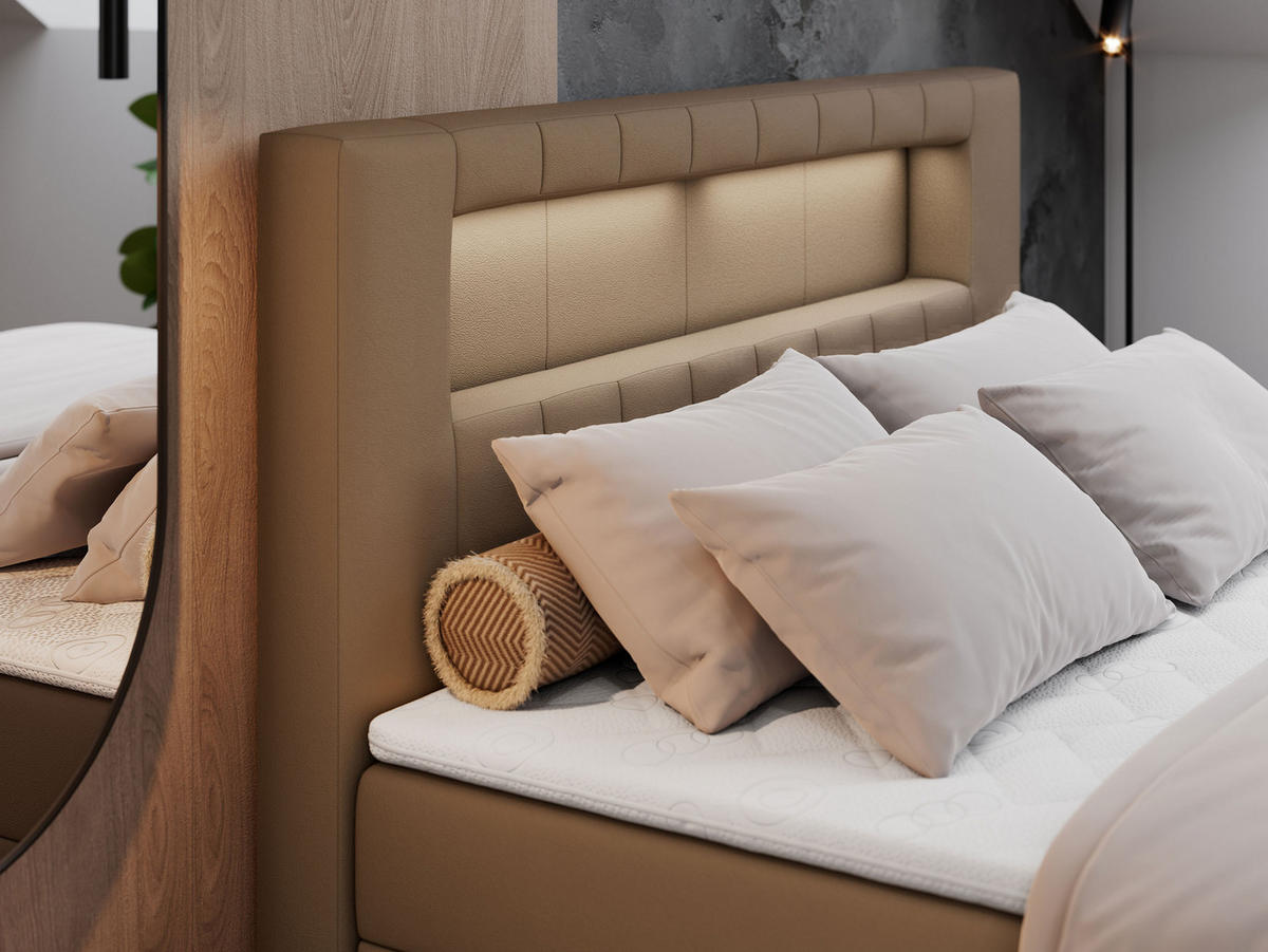 BOXBETT GOLD-5 LED 200/200 Braun Kunstleder - H3 - Braun, Holz/Textil (200/200cm) - MKS