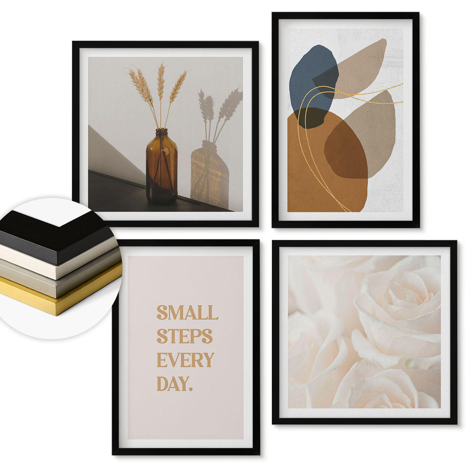 WANDBILDER 4er-Set - 50x50 cm & 40x60 cm Schwarzer Rahmen - Abstrakte Formen Akzente - Schwarz, Kunststoff (50/50cm) - ArtPrintCave