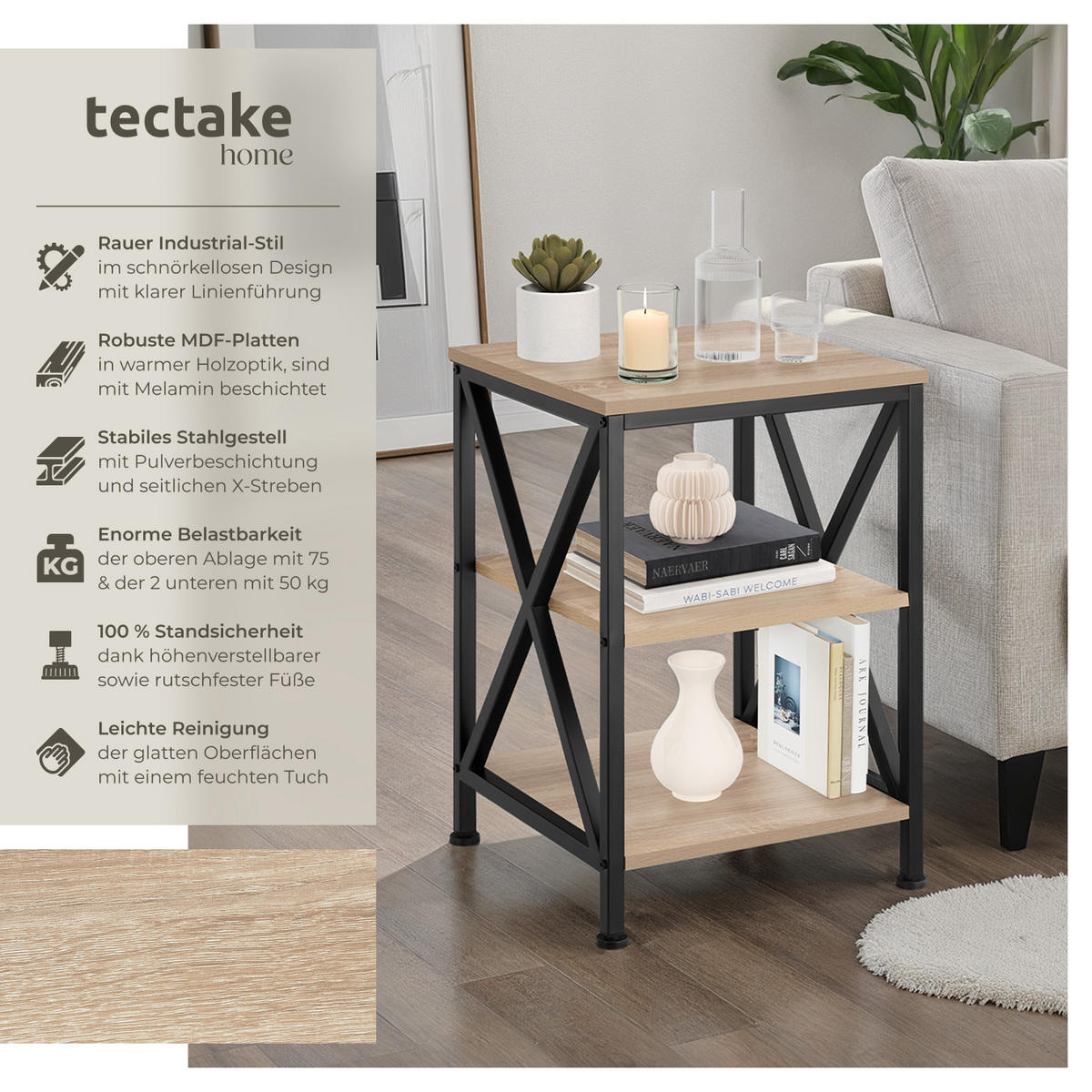 BEISTELLTISCH Nottingham,40,5 x 40,5 x 60,5 cm,Industrial Holz hell, Eiche Sonoma - Naturfarben, Holz (40.5/40.5/60.5cm) - tectake