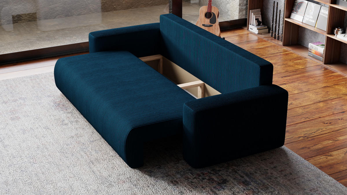 SOFA Bubi mit Bettkasten und Schlaffunktion, Cordstoff - Blau, Holzwerkstoff (242/85/95cm)