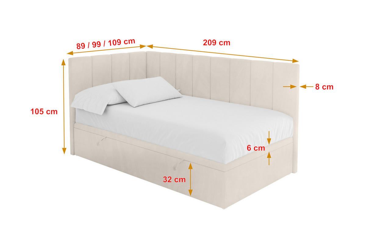 EINZELBETT Jugendbett mit Bettkasten Rechts, mit Matratze - LOVY 90x200 Beige - Beige, Holzwerkstoff/Textil (90/200cm) - ALTDECOR