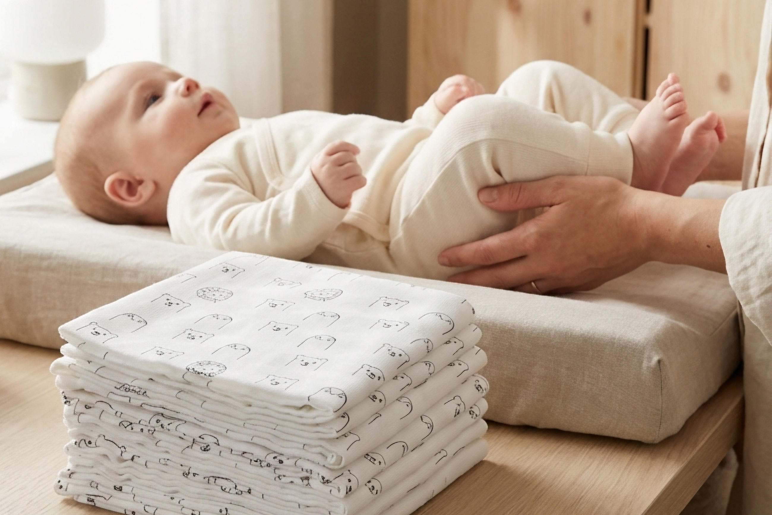 Baby liegt auf einer Wickelunterlage, wird von zwei Händen gehalten, daneben ein Stapel gefalteter weißer Tücher mit Tiermotiven.