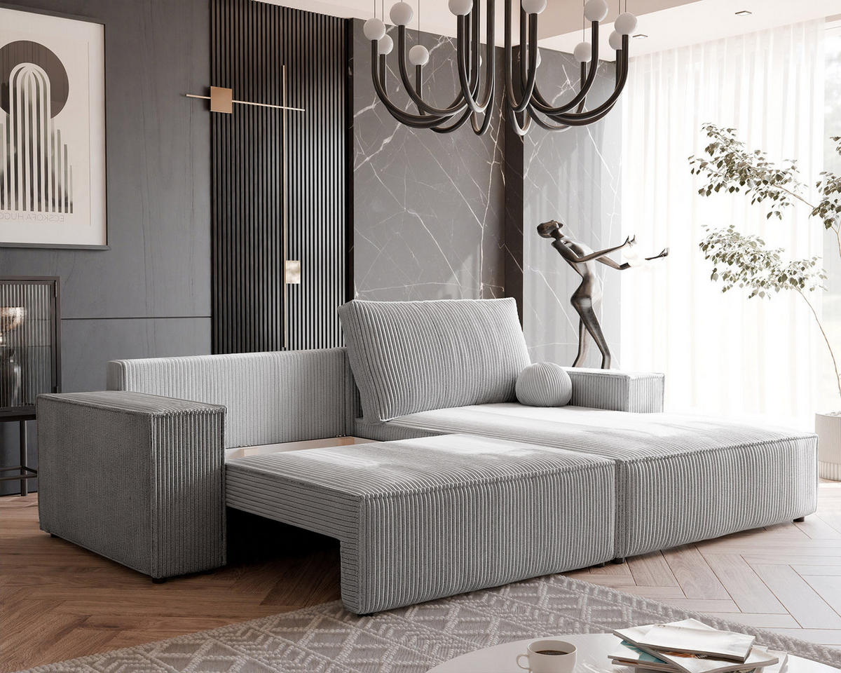 ECKSOFA HUGO Rechts, mit Schlaffunktion und Bettkasten, Hellgrau - Hellgrau, Textil (255/148cm) - Idohome