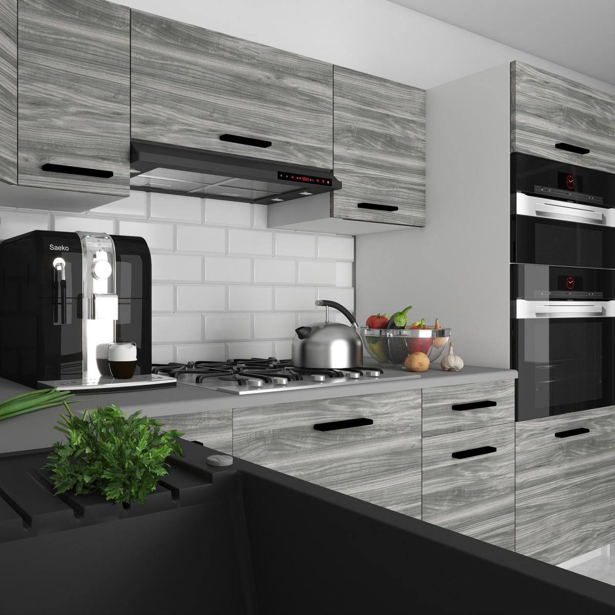 KÜCHENZEILE Italia 8 420 cm , mit Arbeitsplatten, Grau Glamour - Hellgrau, Holz (420/143/60cm) - B BELINI GROUP