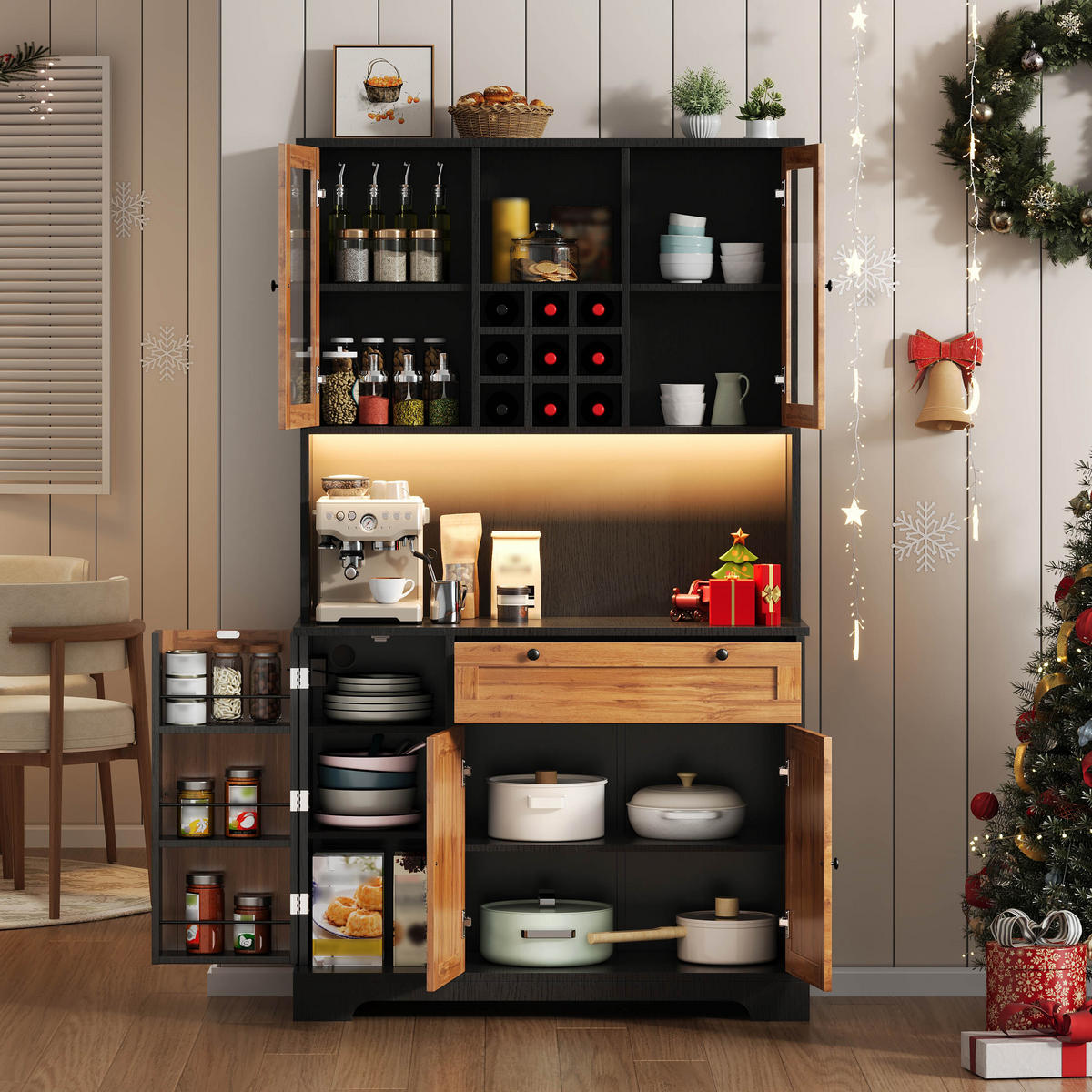 BUFFET mit LED-Beleuchtung, Steckdose und verstellbaren Einlegeböden - Schwarz/Naturfarben, Holzwerkstoff (105/180/40cm) - EVRYAE