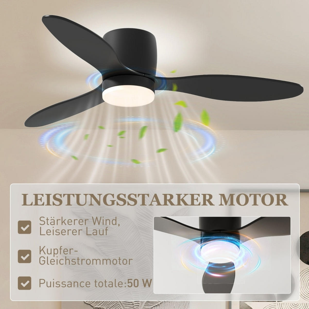DECKENVENTILATOR 115cm LED Licht DC Motor 3 Flügel Timer - Schwarz, Kunststoff (115/115/20cm) - CASIVA