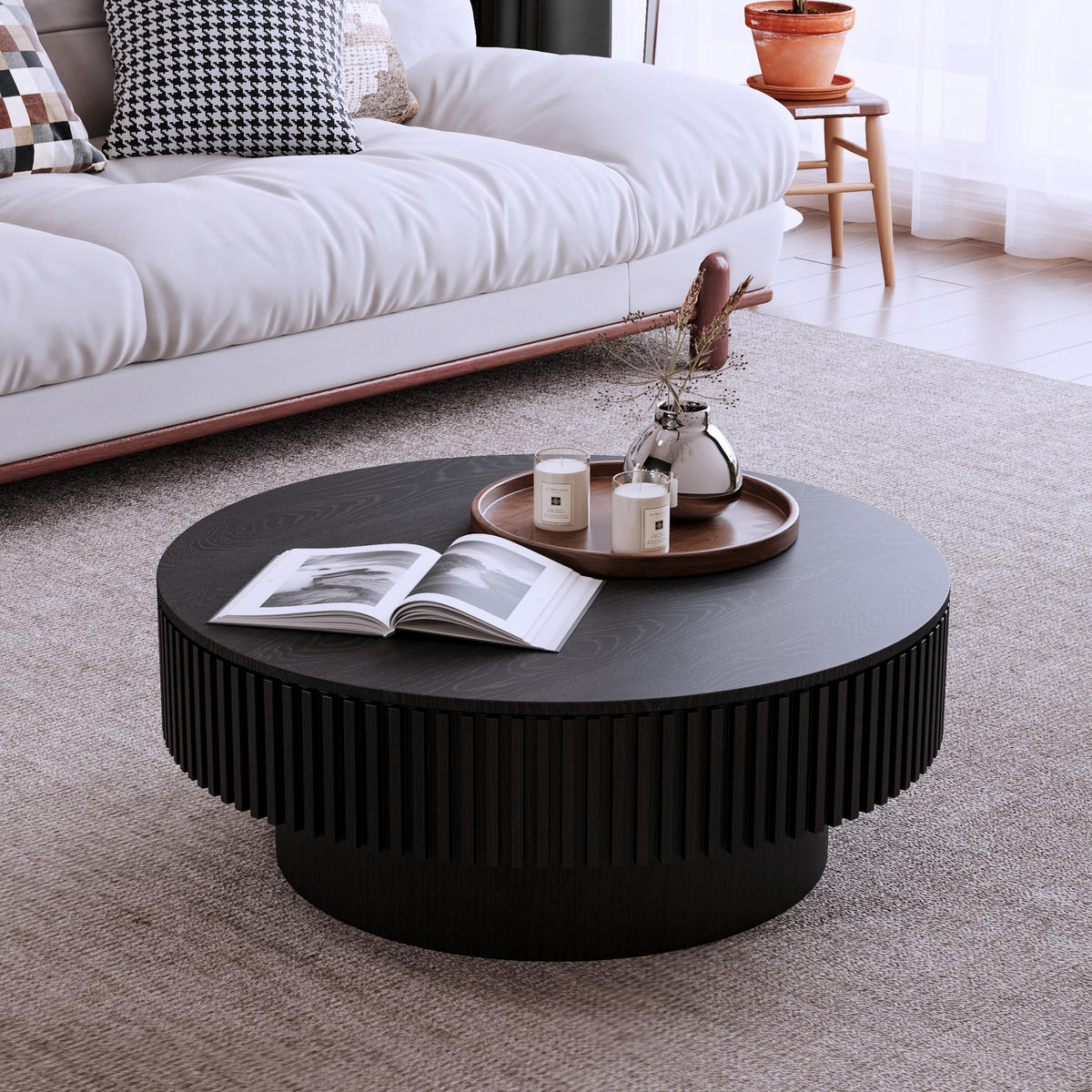 COUCHTISCH DE-37318 rund mit verstecktem Stauraum und Rillendesign Schwarz - Schwarz, Holzwerkstoff (75/75/35cm) - ComfortXL