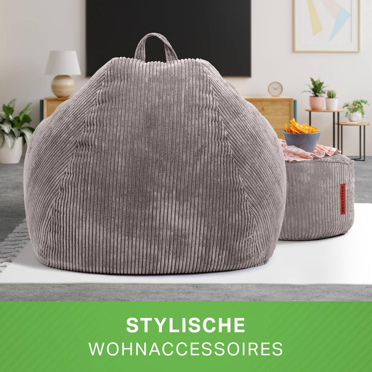 XXL-SITZSACK 2er Set + Pouf - Cordstoff - Grau, Textil (90/110/90cm) - Green Bean