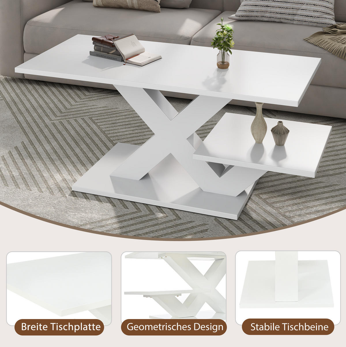 COUCHTISCH aus MDF 100x48x45 cm Weiß Hochglanz mit 2 Ablageflächen und X-Gestell - Weiß, Holzwerkstoff (100/48/45cm) - IVMEU