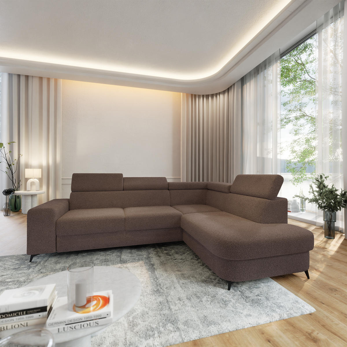 ECKSOFA ALVORO R-S Braun Boucle-Stoff mit Schlaffunktion - Braun, Holz (253/190cm) - MASSENO