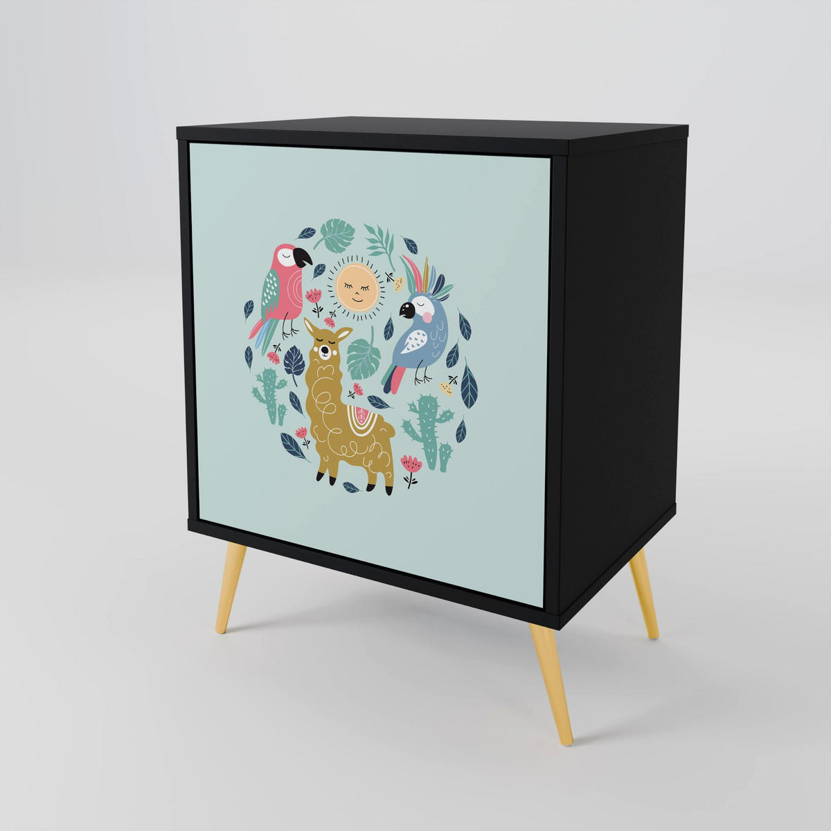 SIDEBOARD COLORFUL ALPACAS, Schwarz, 57,5x42x72,5 cm, Schwarze Metallfüße - Multicolor/Schwarz, Holzwerkstoff/Metall (57.5/72.5/42cm) - SpaceRebels