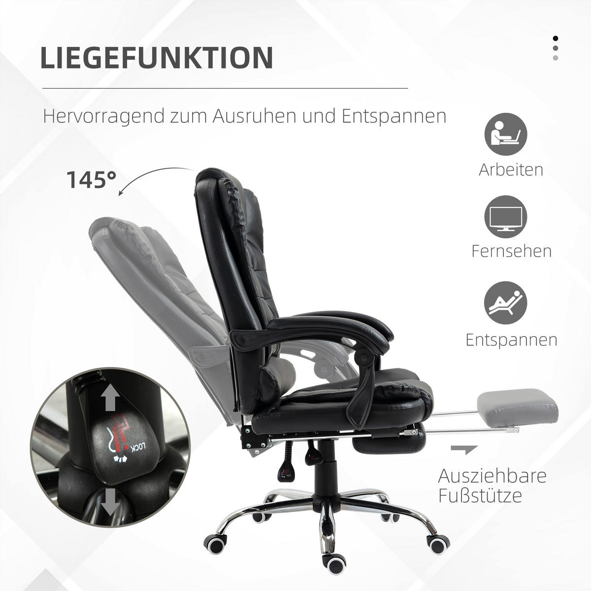 CHEFSESSEL Bürostuhl mit Fußstütze, Schreibtischstuhl mit Neigefunktion Schwarz - Schwarz, Kunststoff (64.5/117/69cm) - HOMCOM