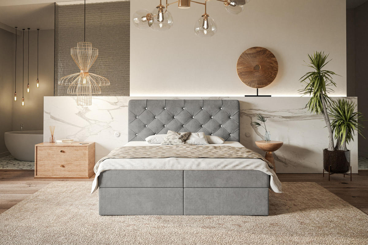 BOXBETT BOSTON mit 2 Bettkästen, 160x200, Farbe: Grau, Velourstoff, Doppelbett mit Bonell-Matratze - Grau, Holz/Kunststoff (160/200cm) - Alpi-Möbel