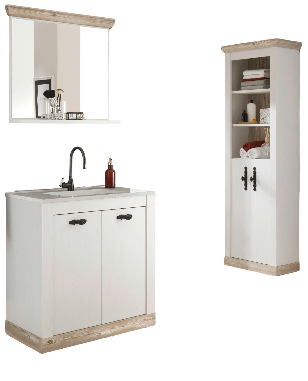 BADKOMBINATION Pinie weiß, Oslo Pinie, Landhaus Badmöbel Set 4-tlg. MIT Waschbecken 166 x 200 cm - Anthrazit/Weiß, Holzwerkstoff/Metall (166/200/46cm) - Furn.Design