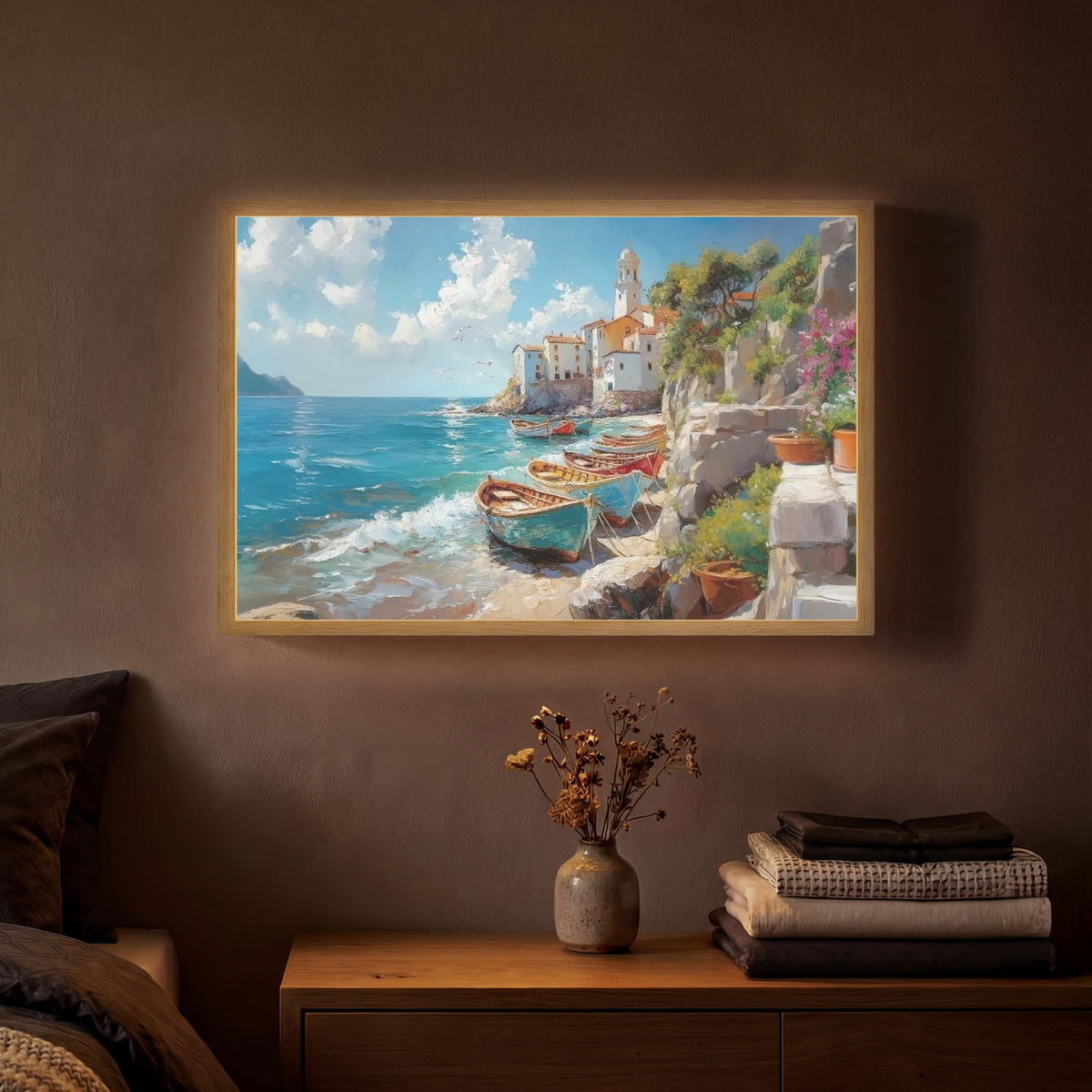 NÁSTĚNNÁ LAMPA S AKUMULÁTOREM Lodě - skály - moře - slunce 60x40 cm - modrá, kompozitní dřevo (60/40/8cm) - OnlyWow