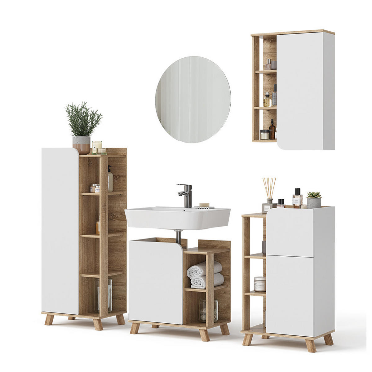 BADMÖBEL-SET Karen Sonoma/Weiß 5 Teile - Weiß/Sonoma Eiche, Holzwerkstoff (60/65/35cm) - Vicco
