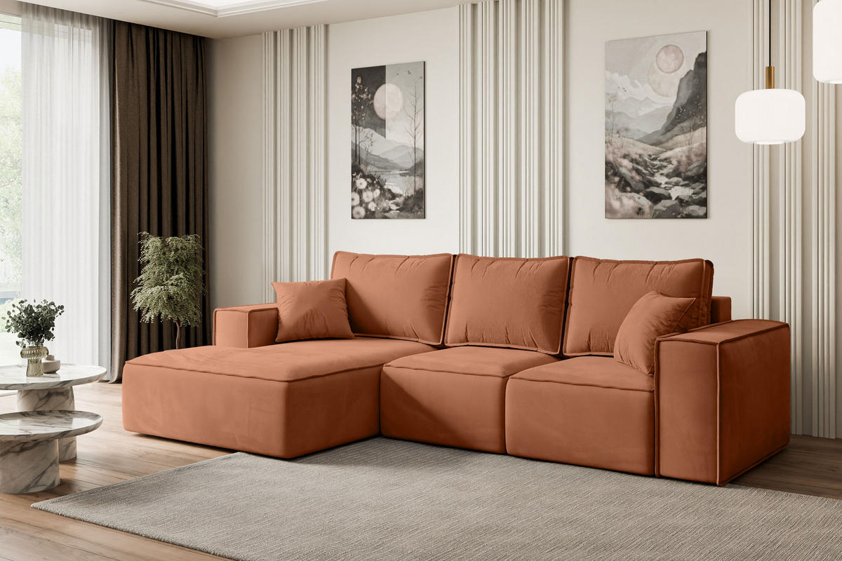 ECKSOFA mit Schlaffunktion und Bettkasten SERRA-L-S - 266x161x87 cm Apricot Velours - Koralle/Schwarz, Holzwerkstoff/Kunststoff (266/161cm) - ALTDECOR