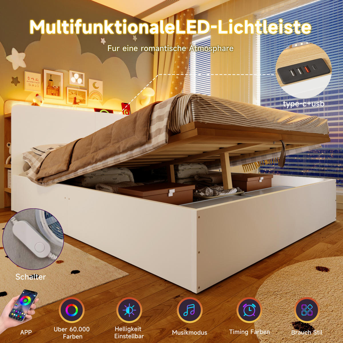 KINDERBETT aus Kiefer 140x200 cm Weiß/Natur mit LED-Beleuchtung, USB-C und hydraulischem Bettkasten - Weiß, Holzwerkstoff (140/200cm) - Modfu