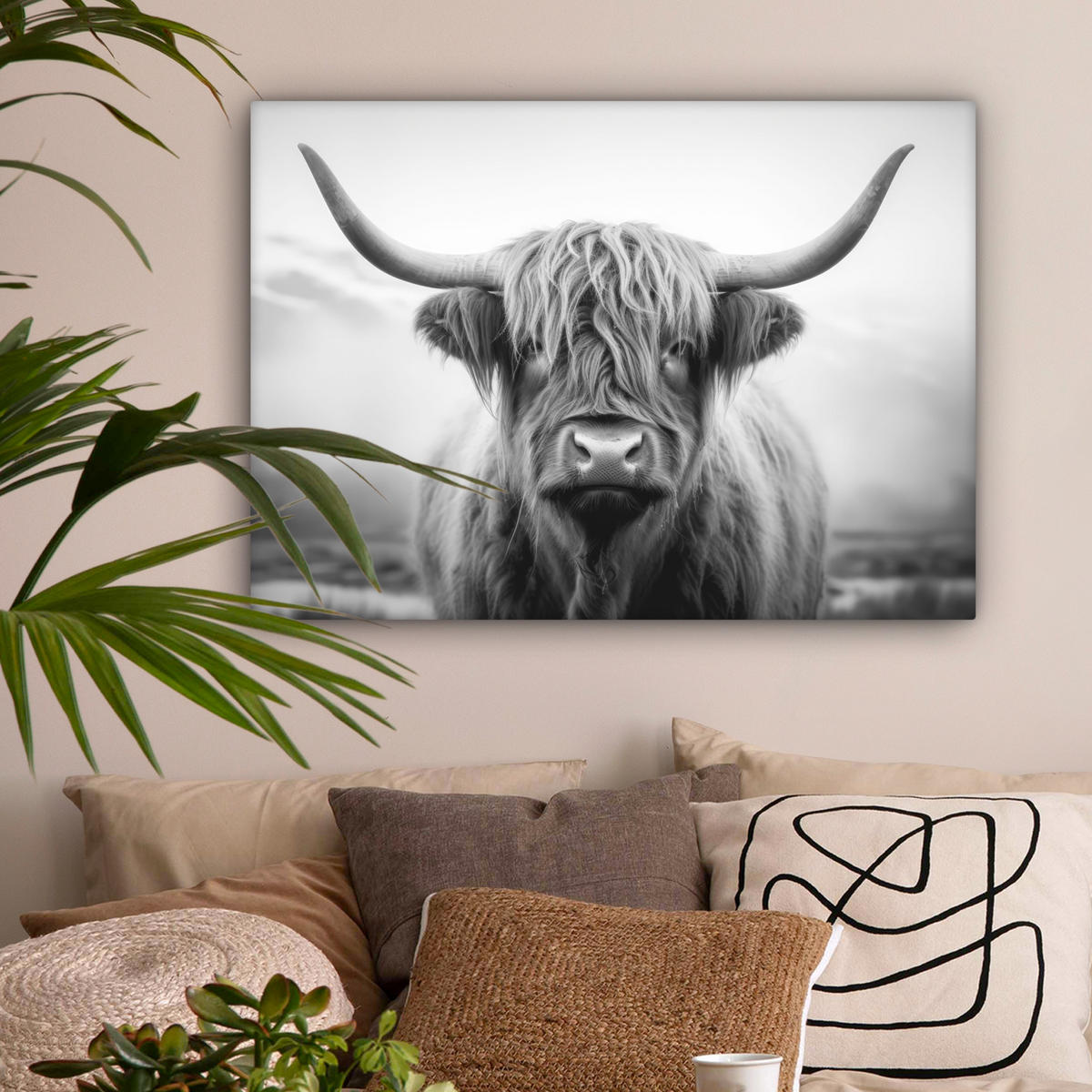 LEINWANDBILD - Schottischer Highlander - Nebel - Schwarz - Weiß - 80x60 - Malerei - Grau, Textil (80/60cm) - MuchoWow