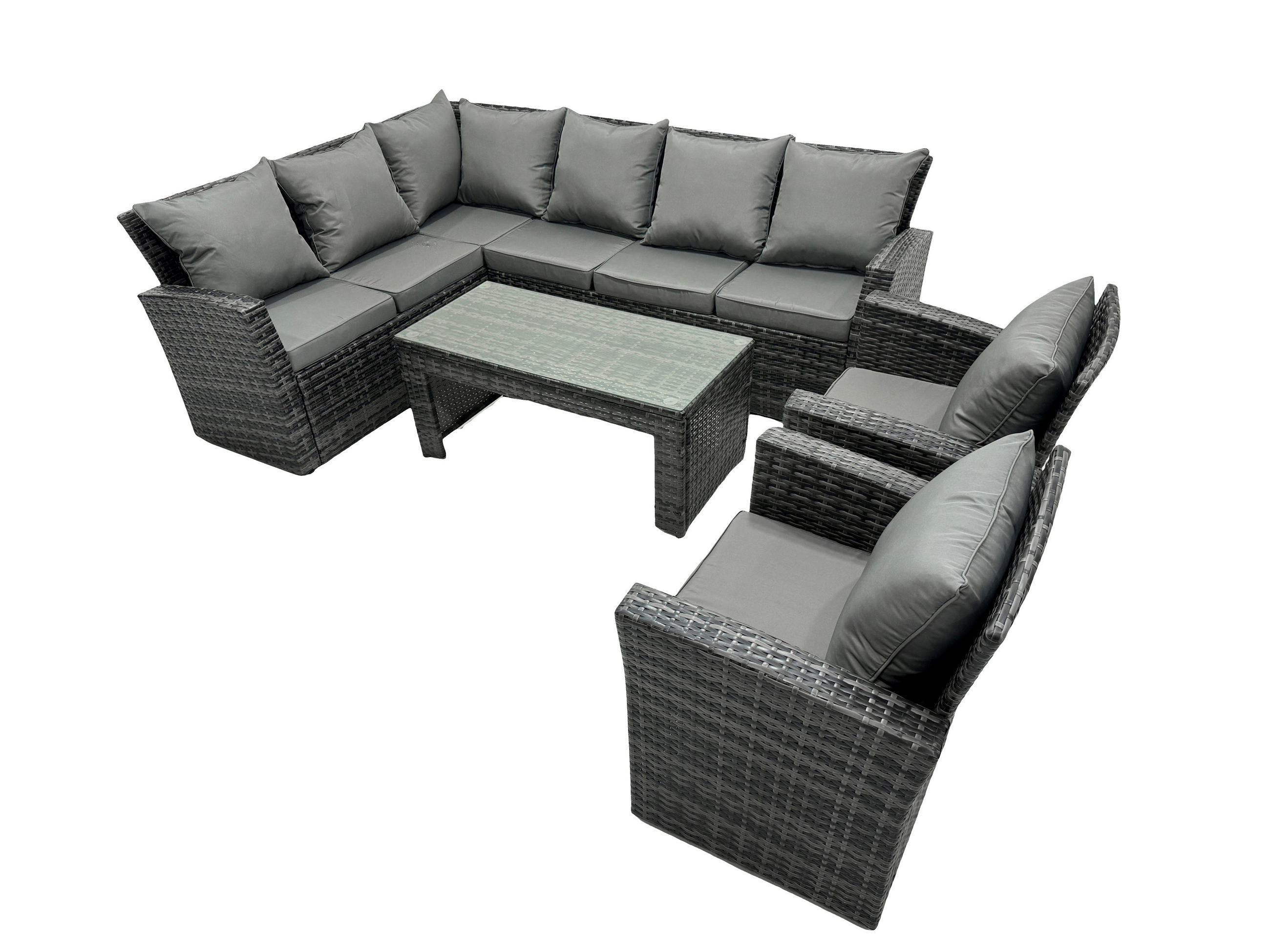 BALKONMÖBEL-SETS mit Ecksofa,Länglicher Couchtisch,2 Sesseln Polyrattan Dunkelgrau 8-Sitzer - Dunkelgrau/Grau, Glas/Kunststoff - Fimous