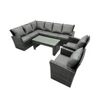 BALKONMÖBEL-SETS mit Ecksofa,Länglicher Couchtisch,2 Sesseln Polyrattan Dunkelgrau 8-Sitzer - Dunkelgrau/Grau, Glas/Kunststoff - Fimous