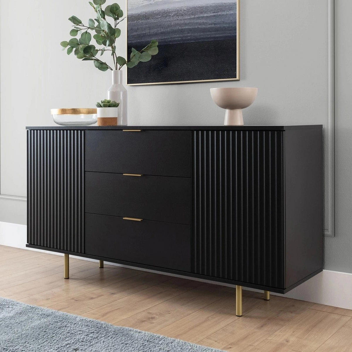 KOMMODE Nubia K2D3S Schwarz - Goldfarben/Schwarz, Holzwerkstoff/Metall (150/80/41cm) - Ravio