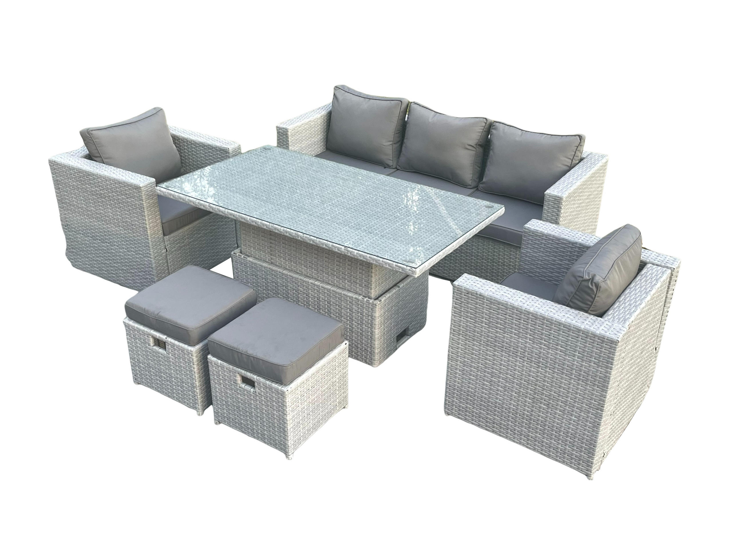 GARTENMÖBEL SET mit höhenverstellbarer Tisch Polyrattan Helles Grau 7-Sitzer - Hellgrau, Metall - Fimous