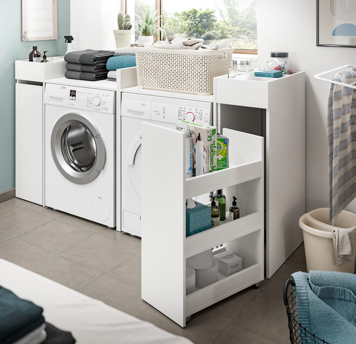 WASCHMASCHINENUMBAU weiß Set 4-teilig, Überbauschränke und Anstellregale - Schwarz/Weiß, Holzwerkstoff/Kunststoff (190/101/60cm) - Inn.Furn