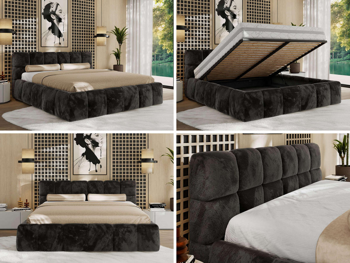 POLSTERBETT NIRA CLASSIC 180/200 - Dunkelgrau Plüsch - Schaum-Matratze - Dunkelgrau, Textil (180/200cm) - MKS