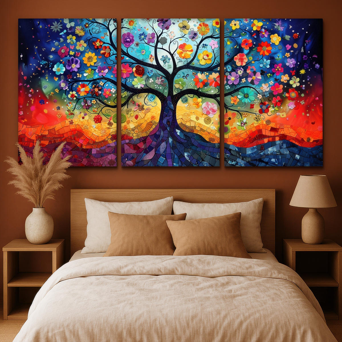 LEINWANDBILD 3er Set Bunt - Baum des Lebens - Blumen - Abstrakt 240x120 cm - Blau, Textil (240/120cm) - MuchoWow