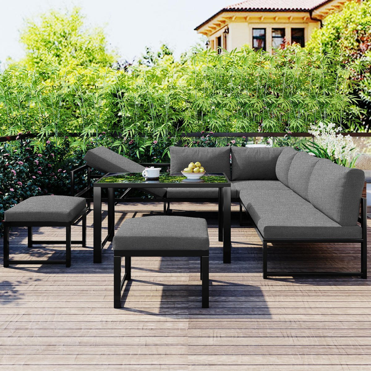 GARTENLOUNGE-SET mit Liegefunktion, Grau - Grau, Metall - KOMHTOM