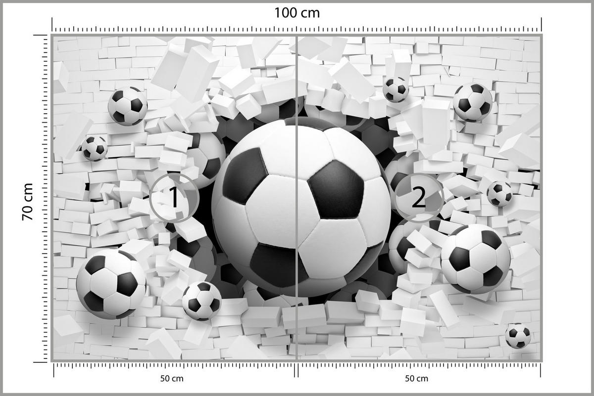 FOTOTAPETE für Jugendzimmer Fußbälle Weiße Ziegelwand Sport 100x70 - Schwarz/Weiß, Papier (100/70cm) - Muralo