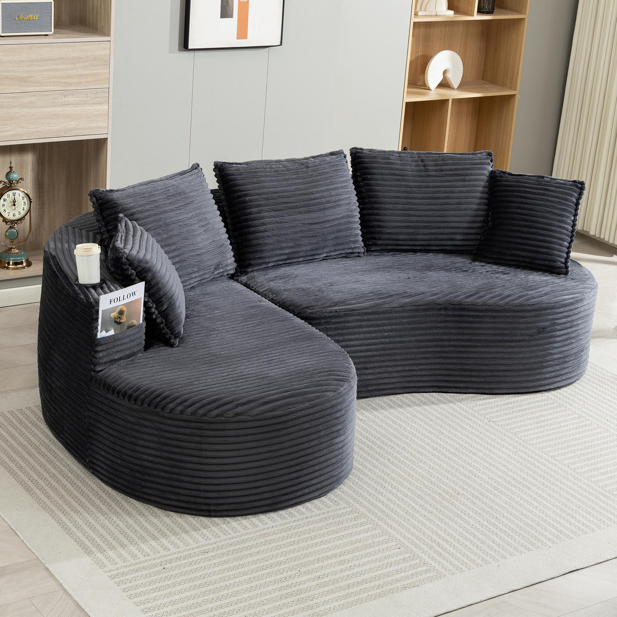 ECKSOFA Cord Dunkelgrau mit Getränkehaltern, Seitentaschen und Kissen - Dunkelgrau, Textil (250/152cm) - WISHDOR