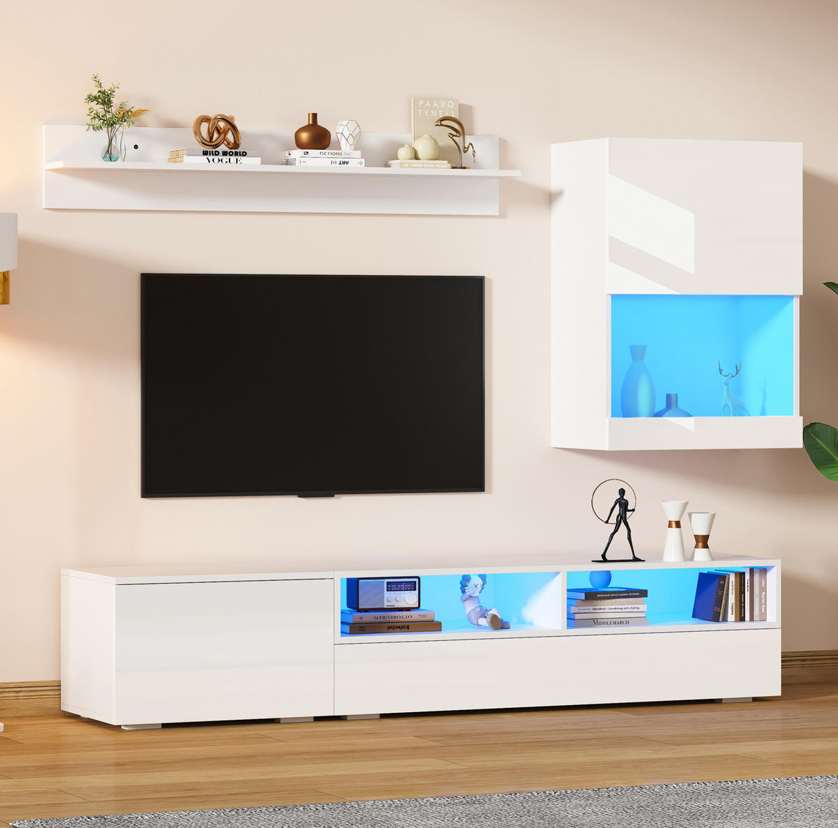 WOHNWAND-SET 175/39/34 cm aus Spanplatte mit LED-Beleuchtung, Hochglanzfronten und Stauraum, Weiß - Weiß, Holzwerkstoff (175/34/39cm) - Redom