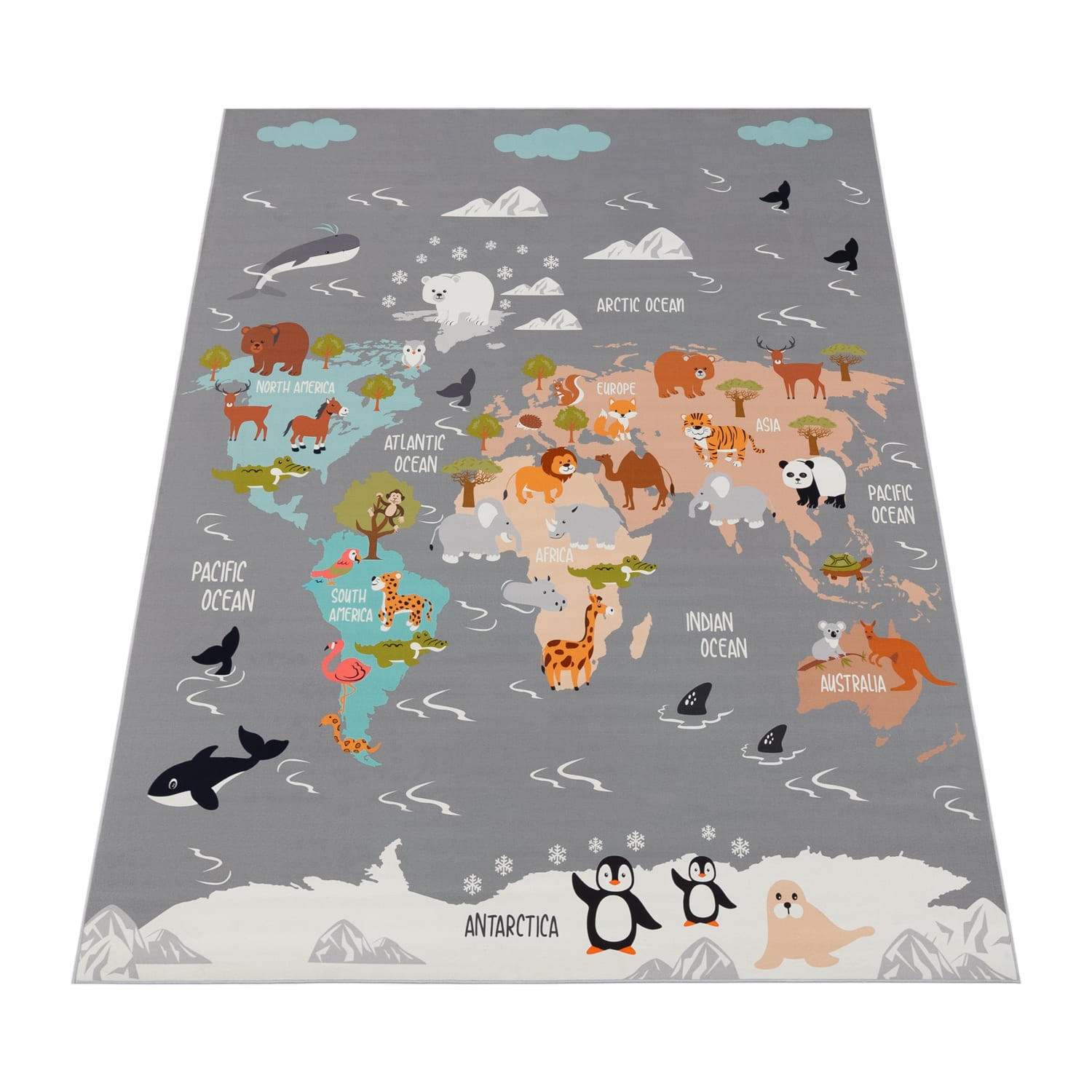 KINDERTEPPICH waschmaschinenwaschbar Tier‑Weltkarten‑Muster Kinderzimmer schmutzabweisend Grau Rechteckig 120x160 - Grau, Textil (120/160cm) - KADIMA DESIGN
